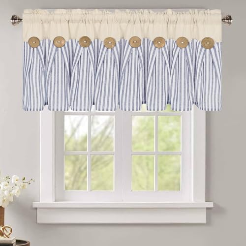 ASPMIZ Cotton Linen Kitchen Valance Curtains, Boho Rustic Button Valances for Windows Farmhouse Style, Blue Stripe Window Valances for Bathroom Cafe, Tie Up Valance for Kitchen Windows, 52 x 18 Inch - Image 1