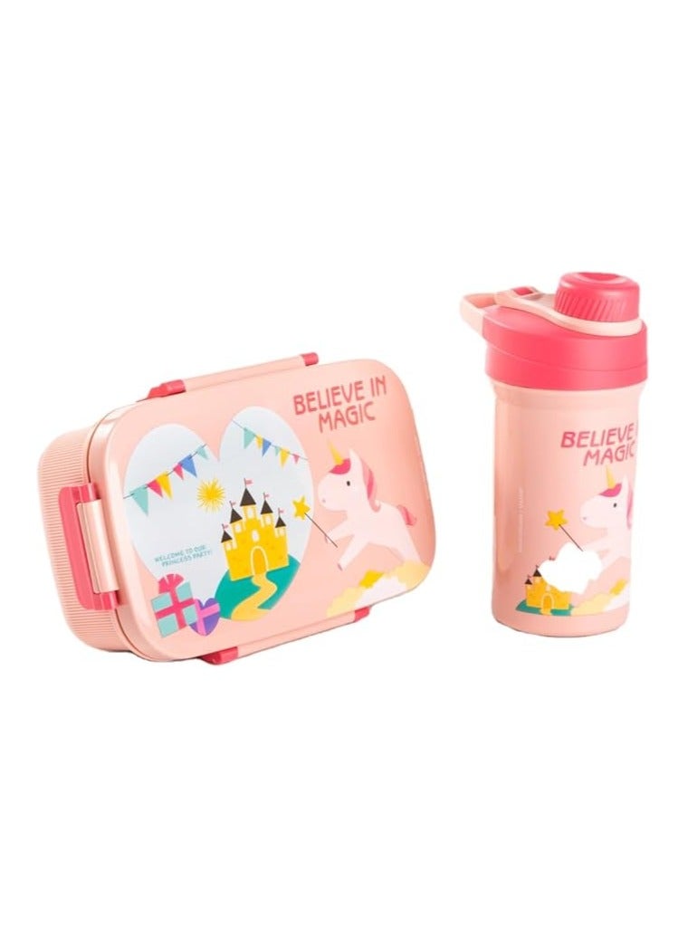 موبكوس صندوق غداء للطلاب مع زجاجة مياه بتصميم كرتوني، صندوق غداء مزدوج الطبقات للبالغين مع شوكة سعة 1800 مل وكوب شرب سعة 500 مل (وردي) - Image 1