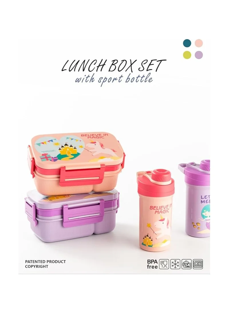Mobcos Cartoon Students Lunch Box with Water Bottle Set Adults Double Layer Work Lunch Box with Fork 1800ml and Drink Cup 500ml (Pink)