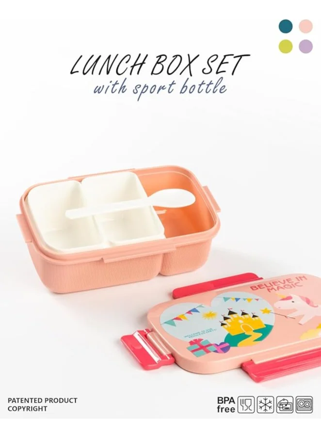 Mobcos Cartoon Students Lunch Box with Water Bottle Set Adults Double Layer Work Lunch Box with Fork 1800ml and Drink Cup 500ml (Pink)