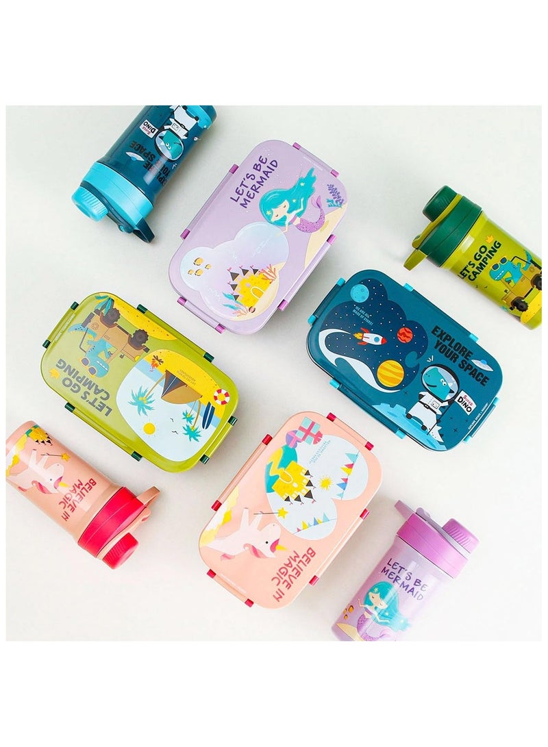 موبكوس صندوق غداء للطلاب مع زجاجة مياه بتصميم كرتوني، صندوق غداء مزدوج الطبقات للبالغين مع شوكة سعة 1800 مل وكوب شرب سعة 500 مل (وردي) - Image 5