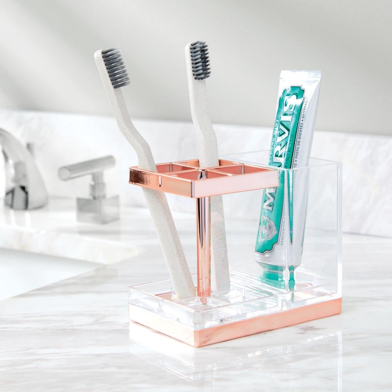mDesign Plastic Toothbrush and Toothpaste Storage Organizer Holder - Home Decor for Bathroom Countertop - Holds Toiletries and Beauty Accessories - Lumiere Collection - Clear/Rose Gold - Image 3