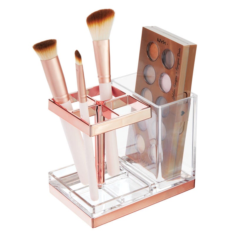 mDesign Plastic Toothbrush and Toothpaste Storage Organizer Holder - Home Decor for Bathroom Countertop - Holds Toiletries and Beauty Accessories - Lumiere Collection - Clear/Rose Gold - Image 5