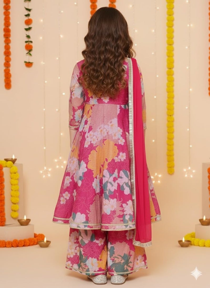 Naixa Girls Rayon Fabric Floral Printed 3/4 Sleeve Pink Sharara Dress Set, 4-5 Years - Image 2