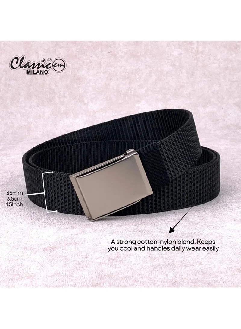 Classic Milano Black (GLDC-09) Classic Milano Nylon Web Belt for Men & Women – Tactical Adjustable No Holes Canvas Belt for Golf & Hiking with Metal Buckle, Heavy-Duty Casual Belt with Gift Box  | Best Price UAE