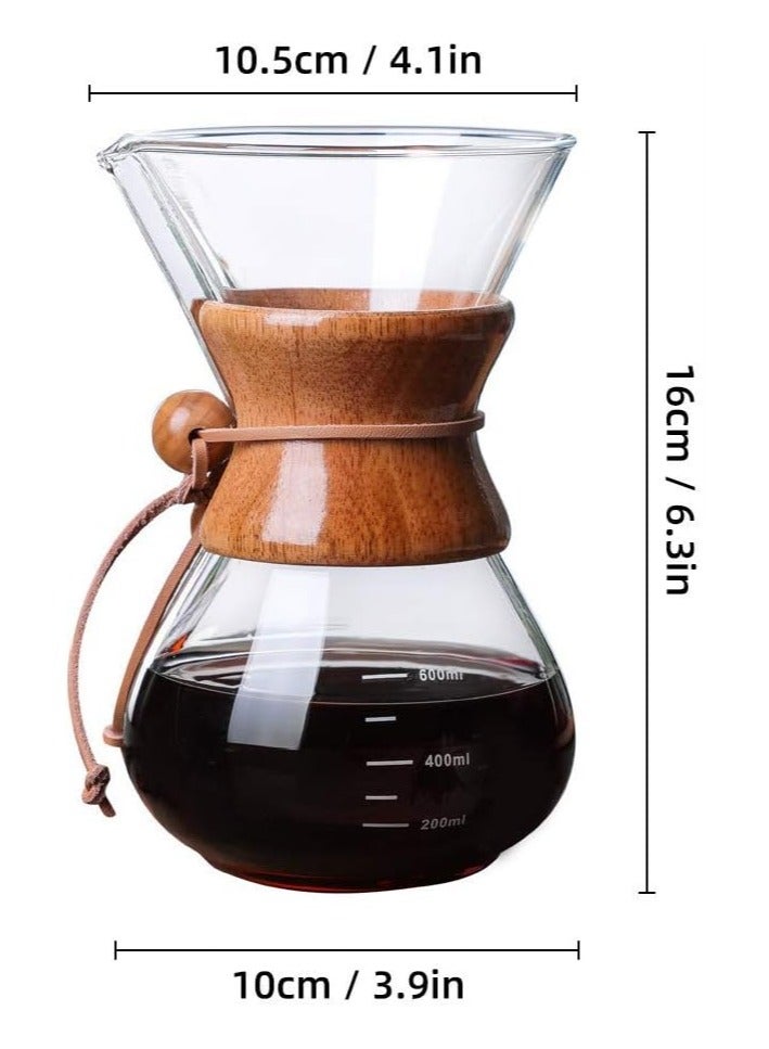 Drip coffee maker made of durable borosilicate glass (Pyrex), 400 ml capacity, featuring a distinctive wooden collar and a reusable stainless-steel filter for professional coffee brewing. - Image 4