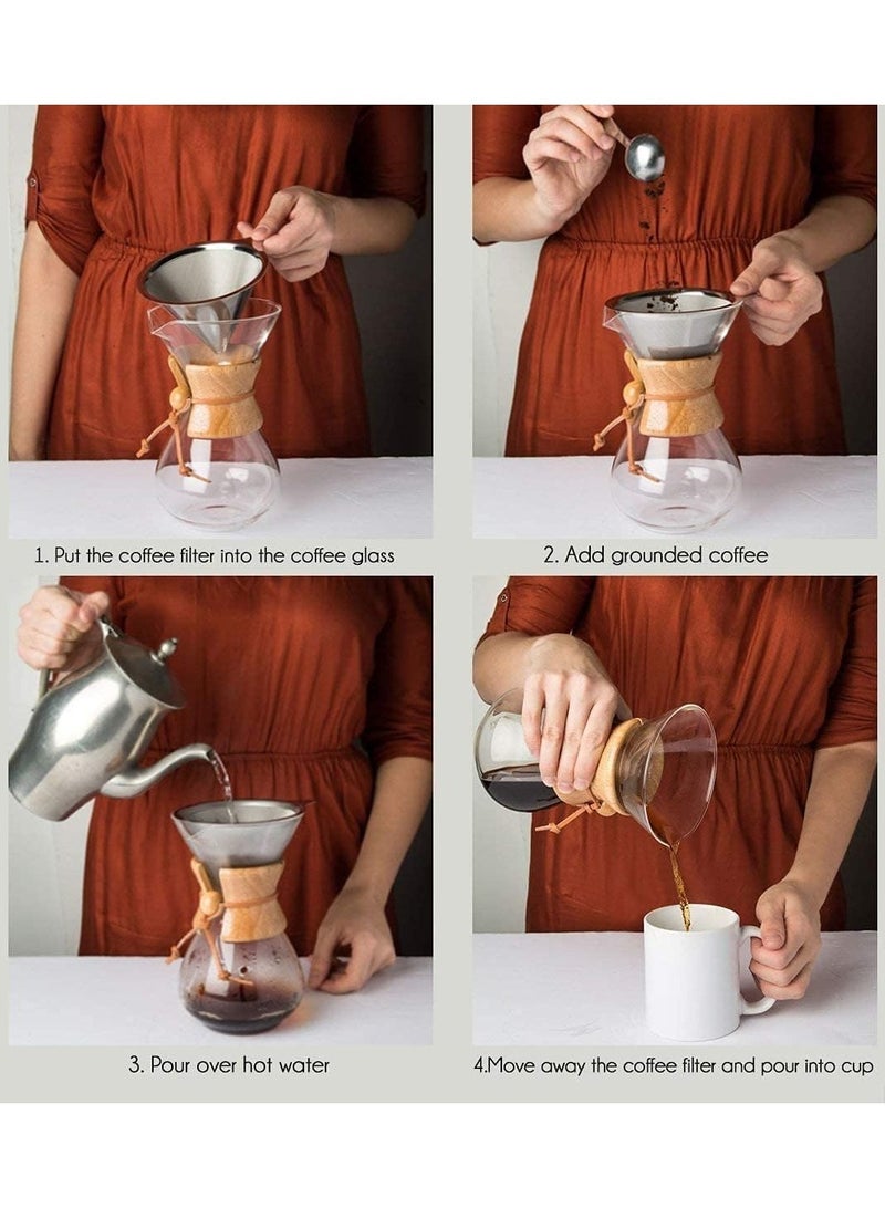 Drip coffee maker made of durable borosilicate glass (Pyrex), 400 ml capacity, featuring a distinctive wooden collar and a reusable stainless-steel filter for professional coffee brewing. - Image 2