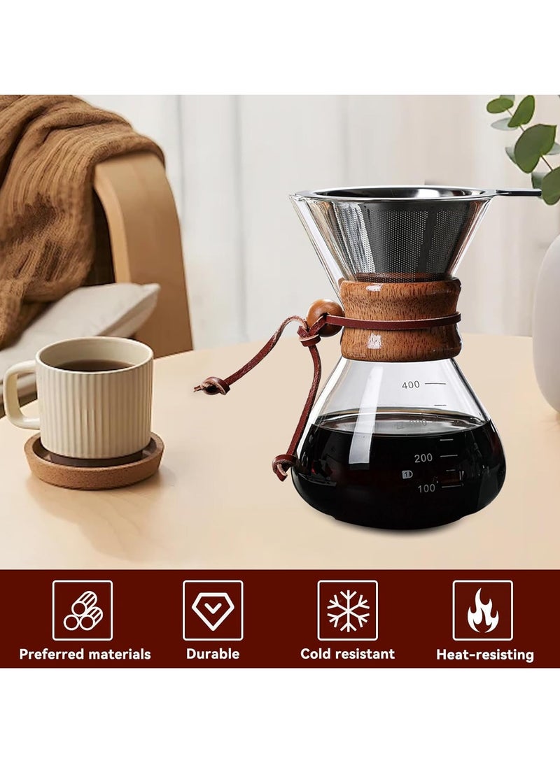 Drip coffee maker made of durable borosilicate glass (Pyrex), 400 ml capacity, featuring a distinctive wooden collar and a reusable stainless-steel filter for professional coffee brewing. - Image 3