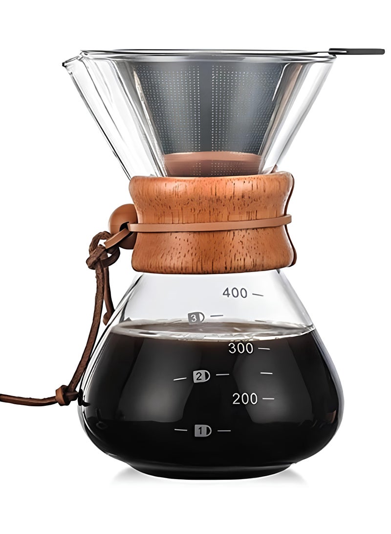 Drip coffee maker made of durable borosilicate glass (Pyrex), 400 ml capacity, featuring a distinctive wooden collar and a reusable stainless-steel filter for professional coffee brewing. - Image 1