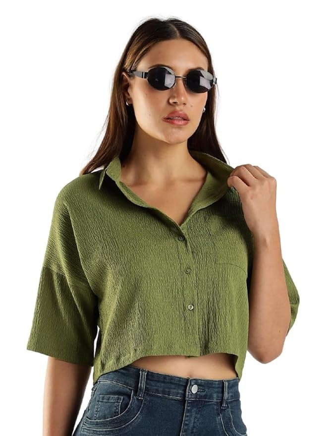 fyltr Women's Casual Solid Textured Crop Shirt -Boxy Fit | Half Sleeves  Drop Shoulder  |  Tops for Jeans - Image 1