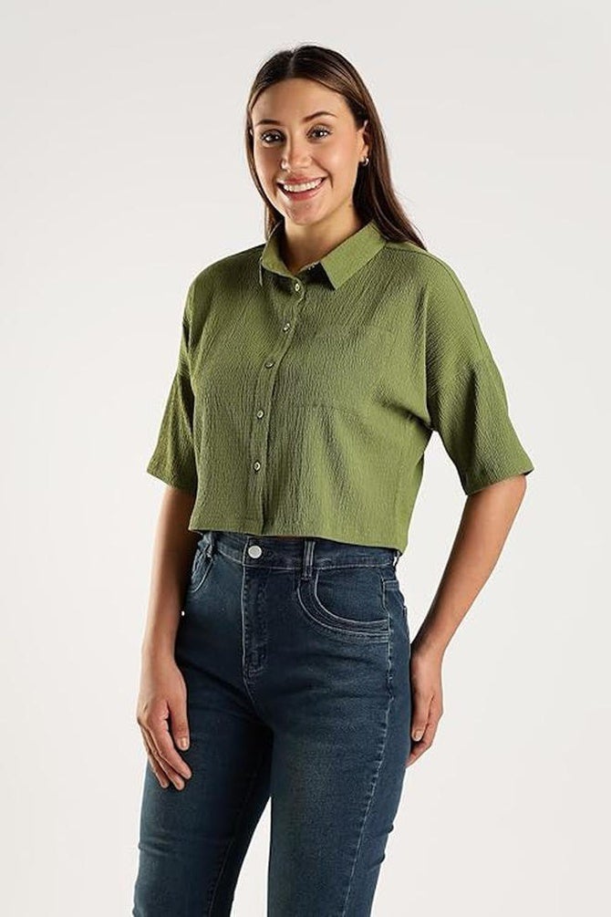 fyltr Women's Casual Solid Textured Crop Shirt -Boxy Fit | Half Sleeves  Drop Shoulder  |  Tops for Jeans - Image 3