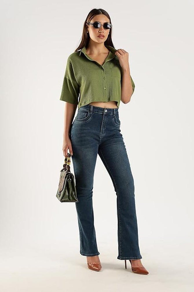 fyltr Women's Casual Solid Textured Crop Shirt -Boxy Fit | Half Sleeves  Drop Shoulder  |  Tops for Jeans - Image 2