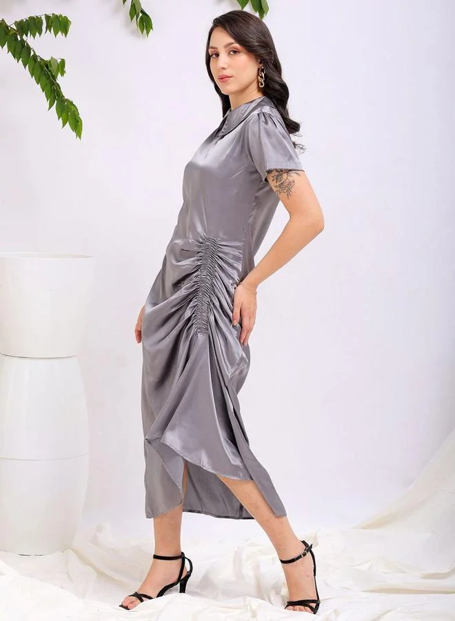 Freehand Freehand Women Grey Satin Ruched Asymmetric Dress