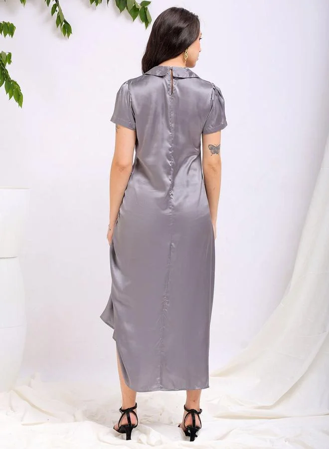 Freehand Freehand Women Grey Satin Ruched Asymmetric Dress