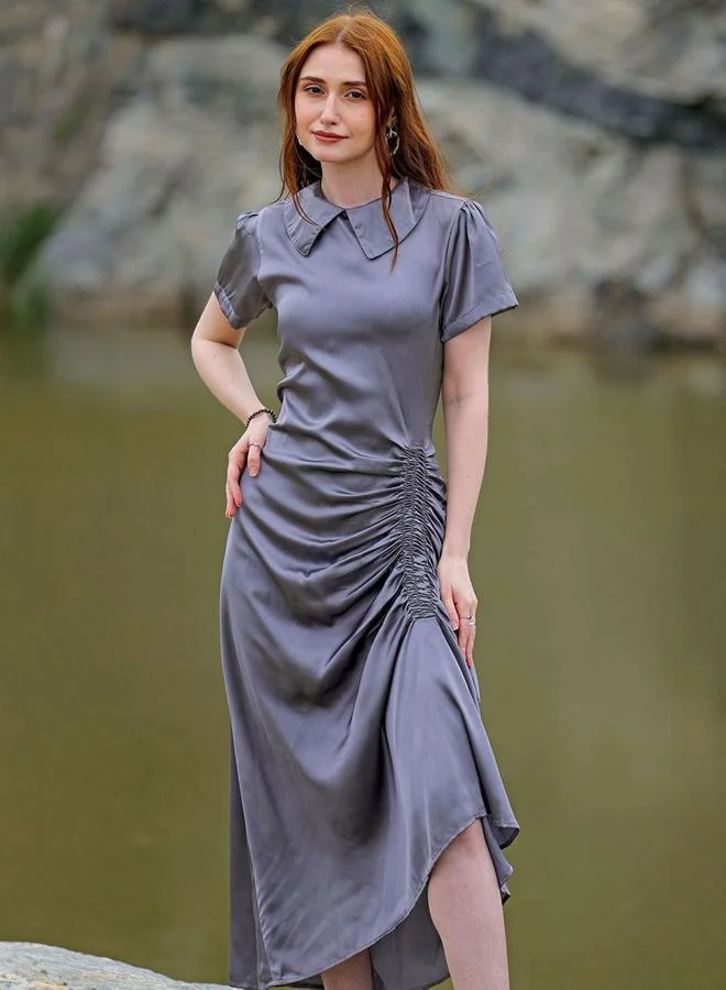 Freehand Freehand Women Grey Satin Ruched Asymmetric Dress