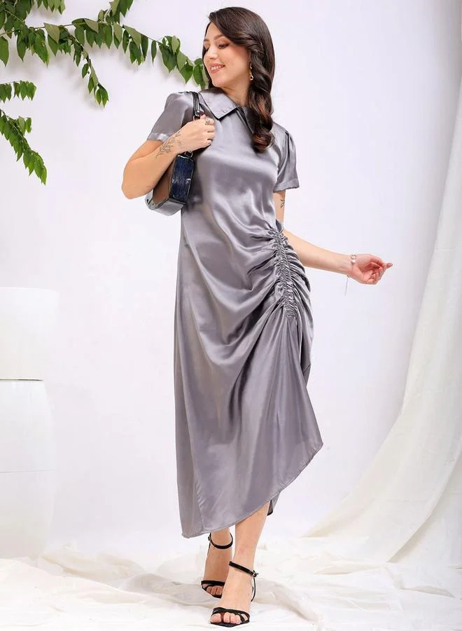 Freehand Freehand Women Grey Satin Ruched Asymmetric Dress