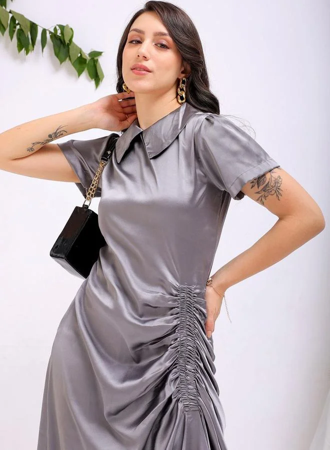 Freehand Freehand Women Grey Satin Ruched Asymmetric Dress
