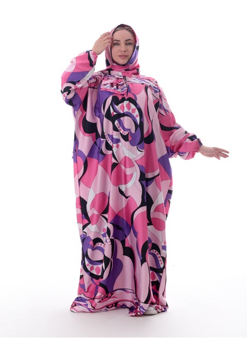 Women's long printed basdal with long sleeves and a veil