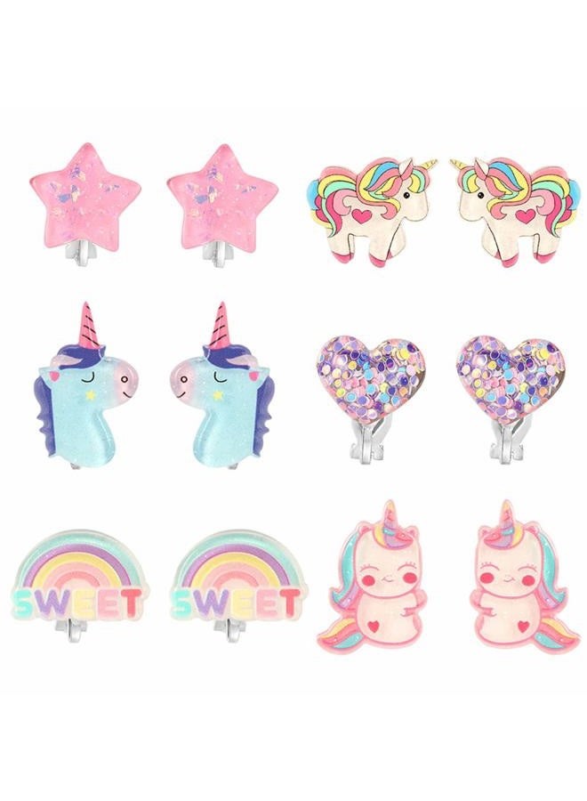PinkSheep Unicorn Clip-On Earrings for Little Girls, Bling Earrings, Rainbow Earrings for Children, 6 Pairs, Best Gift - Image 1