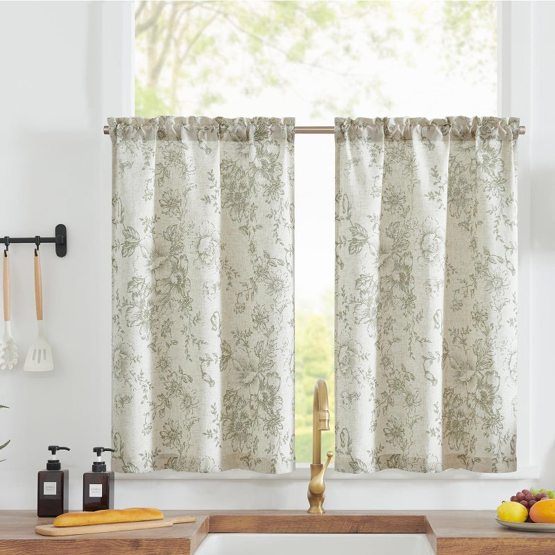 jinchan Floral Linen Tier Curtains Floral Sage on Beige Cafe Curtains 36 Inch Length Kitchen Living Room Bedroom Bathroom Farmhouse Rustic Country Rod Pocket 2 Panels - Image 1