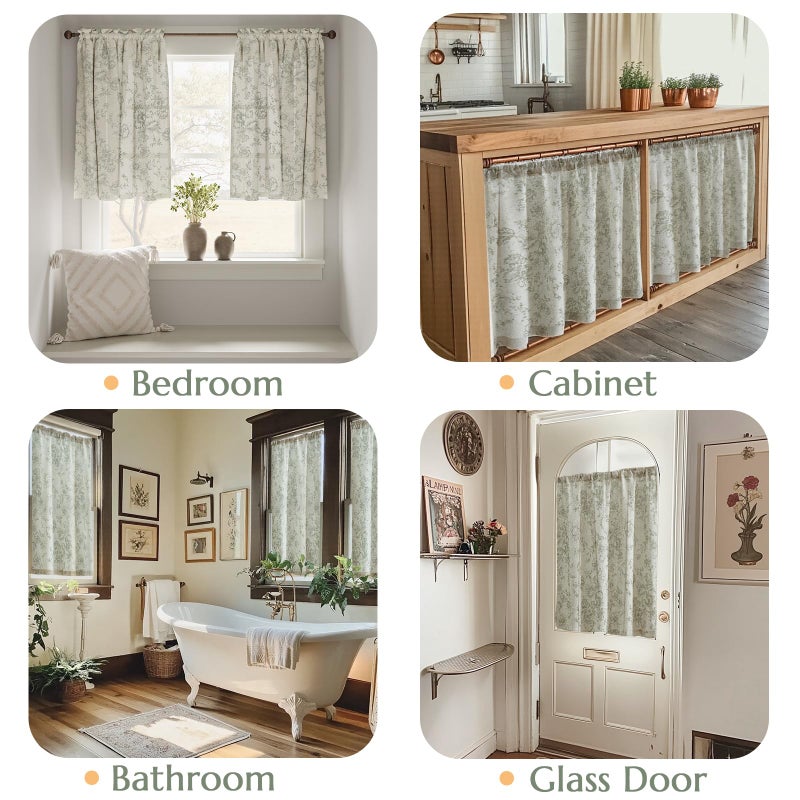 jinchan Floral Linen Tier Curtains Floral Sage on Beige Cafe Curtains 36 Inch Length Kitchen Living Room Bedroom Bathroom Farmhouse Rustic Country Rod Pocket 2 Panels - Image 3