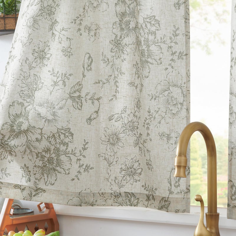 jinchan Floral Linen Tier Curtains Floral Sage on Beige Cafe Curtains 36 Inch Length Kitchen Living Room Bedroom Bathroom Farmhouse Rustic Country Rod Pocket 2 Panels - Image 4