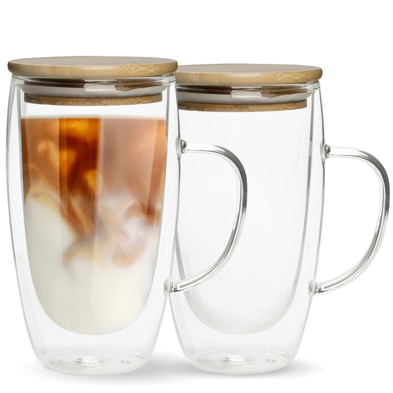 Double Walled Glass Coffee Mugs By Chefs Unique Insulated Coffee Mugs With Handle And Bamboo Lid Clear Glass Cups For Coffee Tea Latte Cappuccino Espresso 16 OZ Set of 2