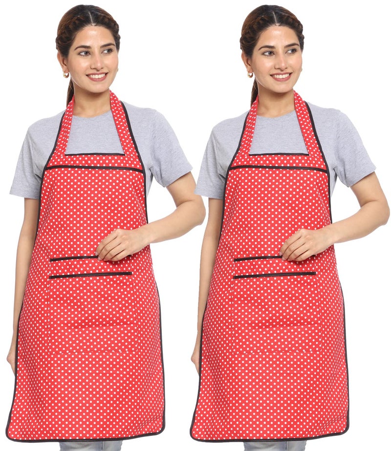 JMi Polka Dot Polyester Fabric Waterproof Apron With Front Large Pocket for Men And Women. (Free, RED, 2) - Image 1