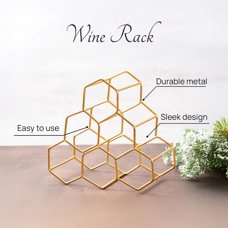 nestroots Wine Rack for 6 Bottles Gold Iron Wine Holder Stand for Home Bar Kitchen Cabinet Tabletop Countertop Organizer | Elegant Metallic Finish Storage Rack for Mini Bar Counter or Dining Display - Image 3
