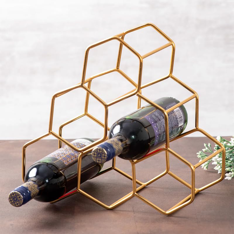 nestroots Wine Rack for 6 Bottles Gold Iron Wine Holder Stand for Home Bar Kitchen Cabinet Tabletop Countertop Organizer | Elegant Metallic Finish Storage Rack for Mini Bar Counter or Dining Display - Image 1