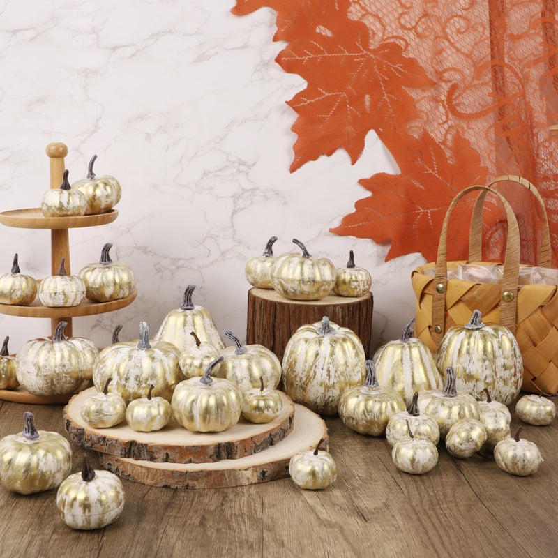 winemana winemana 46 Pcs Assorted Size Artificial Pumpkins Fall Decorations  Gold Foam Pumpkin Autumn Decor  Decorative Faux Pumpkin for Halloween Thanksgiving Table Centerpiece Mantle Bowl Wedding Party  - Image 3