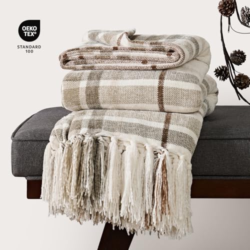 EVERGRACE Plaid Chenille Throw Blanket for Couch, Super Soft Cozy Decorative Farmhouse Plaid Throw with Tassels, Lightweight Chenille Knit Throw for Bed Sofa Gift Home Decor, Beige 50”x60” - Image 4