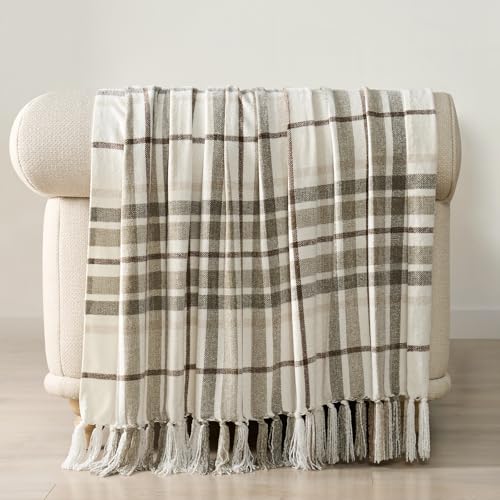 EVERGRACE Plaid Chenille Throw Blanket for Couch, Super Soft Cozy Decorative Farmhouse Plaid Throw with Tassels, Lightweight Chenille Knit Throw for Bed Sofa Gift Home Decor, Beige 50”x60” - Image 5
