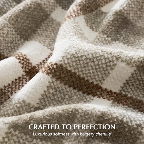 EVERGRACE Plaid Chenille Throw Blanket for Couch, Super Soft Cozy Decorative Farmhouse Plaid Throw with Tassels, Lightweight Chenille Knit Throw for Bed Sofa Gift Home Decor, Beige 50”x60” - Image 3
