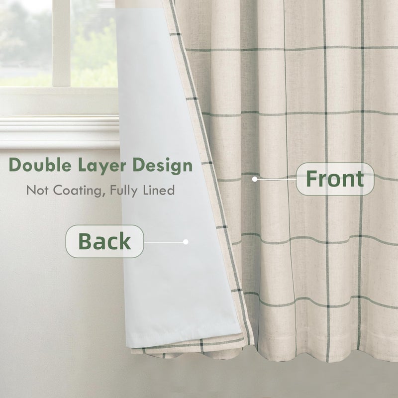 DriftAway 100% Blackout Windowpane Plaid Linen Curtains Double Layer Farmhouse Drapes 63 Inches Long for Living Room Bedroom Yarn Dyed Woven Thermal Insulated Rod Pocket Back Tab 2 Panels Loden Green - Image 3