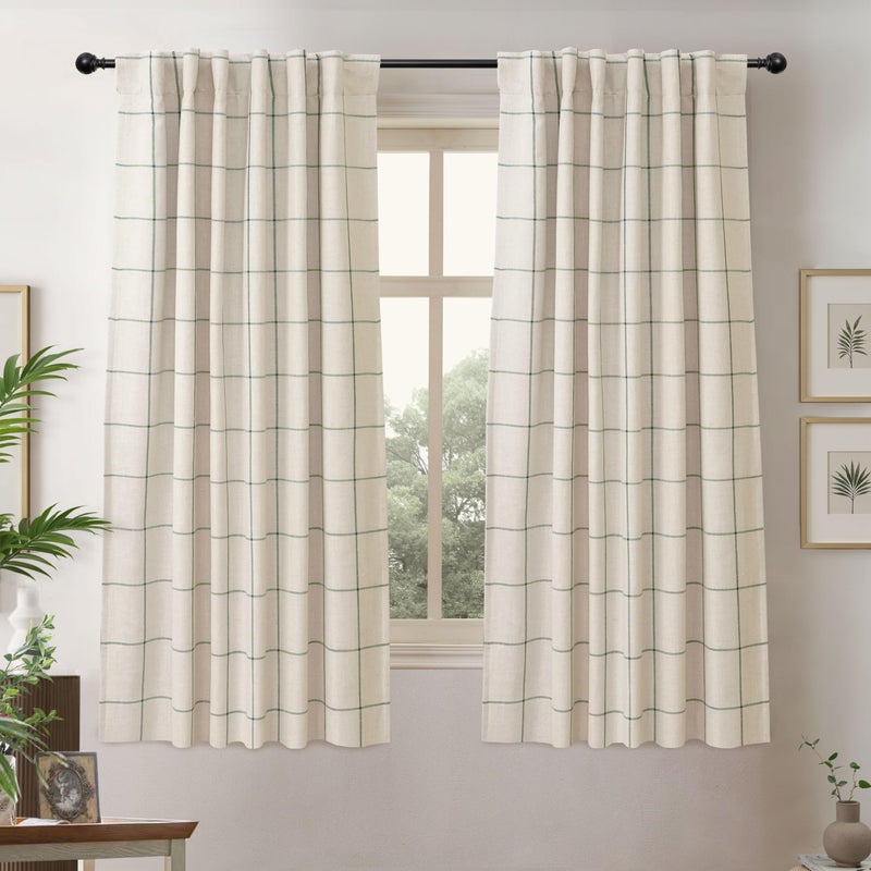 DriftAway 100% Blackout Windowpane Plaid Linen Curtains Double Layer Farmhouse Drapes 63 Inches Long for Living Room Bedroom Yarn Dyed Woven Thermal Insulated Rod Pocket Back Tab 2 Panels Loden Green - Image 1