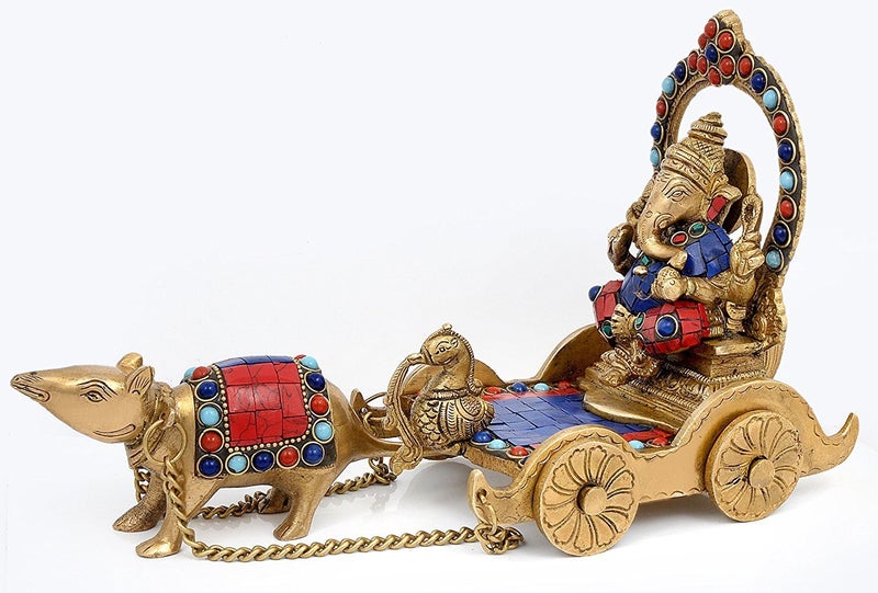 Idol Collections Brass Ganesha Ganesh Murti Idol Statue Sitting on Chariot and Mouse Height 6.75 Inches - Image 2