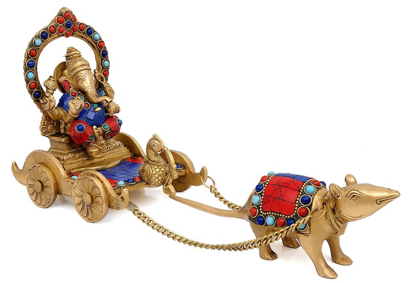 Idol Collections Brass Ganesha Ganesh Murti Idol Statue Sitting on Chariot and Mouse Height 6.75 Inches - Image 5