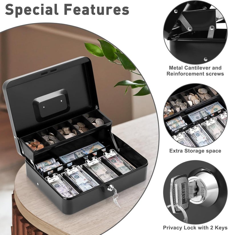 Mforall Cash Box with Key, Lock Money Box with Cash Tray, 4 Note & 5 Coin Slots, 30x24x9 cm, Black – Secure Cash Storage for Home, Office (Black) - Image 2