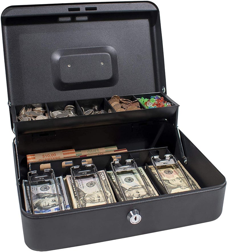 Mforall Cash Box with Key, Lock Money Box with Cash Tray, 4 Note & 5 Coin Slots, 30x24x9 cm, Black – Secure Cash Storage for Home, Office (Black) - Image 3