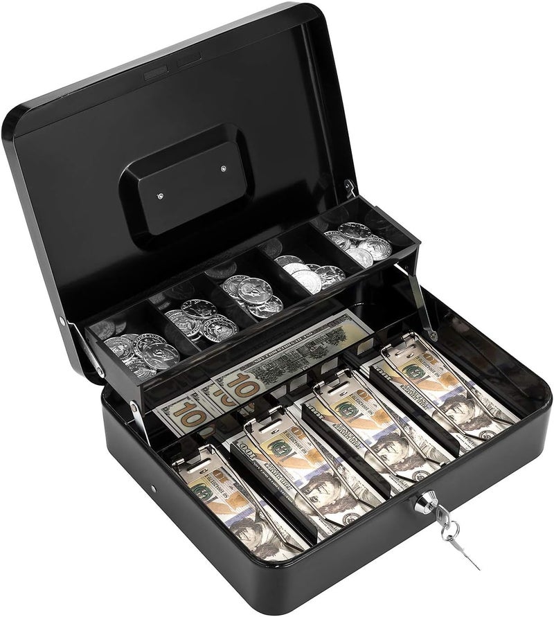 Mforall Cash Box with Key, Lock Money Box with Cash Tray, 4 Note & 5 Coin Slots, 30x24x9 cm, Black – Secure Cash Storage for Home, Office (Black) - Image 1