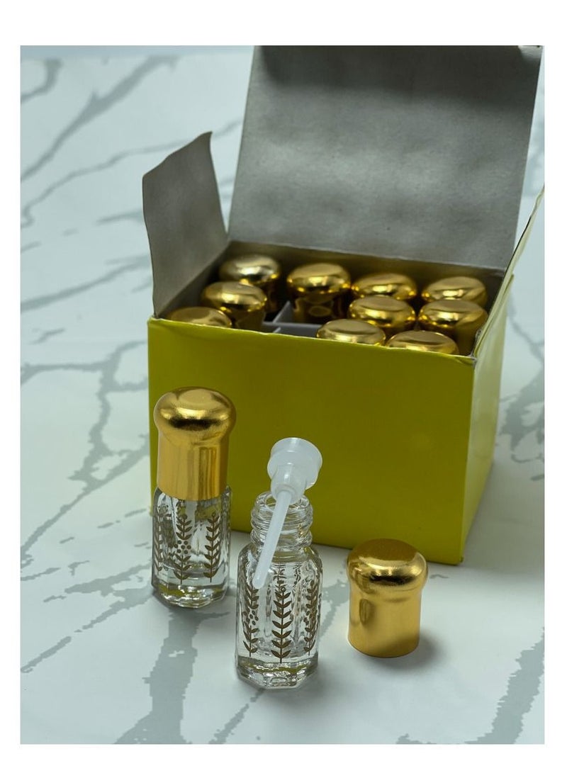 VIP Essential oils with the smell of agarwood, amber, agarwood root, pomegranate, rose, powder, raspberry, strawberry, vanilla, musk transparent + white, 12 pieces, a quarter of a tola