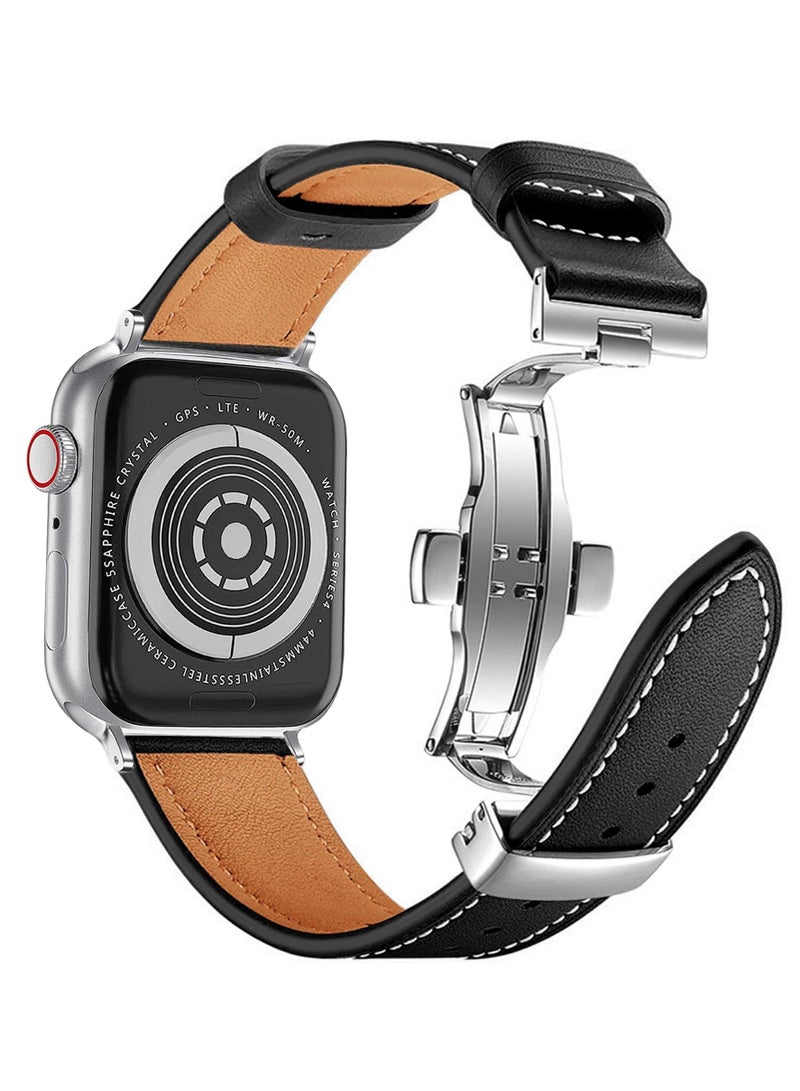 KASTWAVE Vintage Leather Band Compatible with Apple Watch Series 9/8/7/Ultra 2, 42–49mm – Adjustable Butterfly Clasp Unisex Strap - Image 1