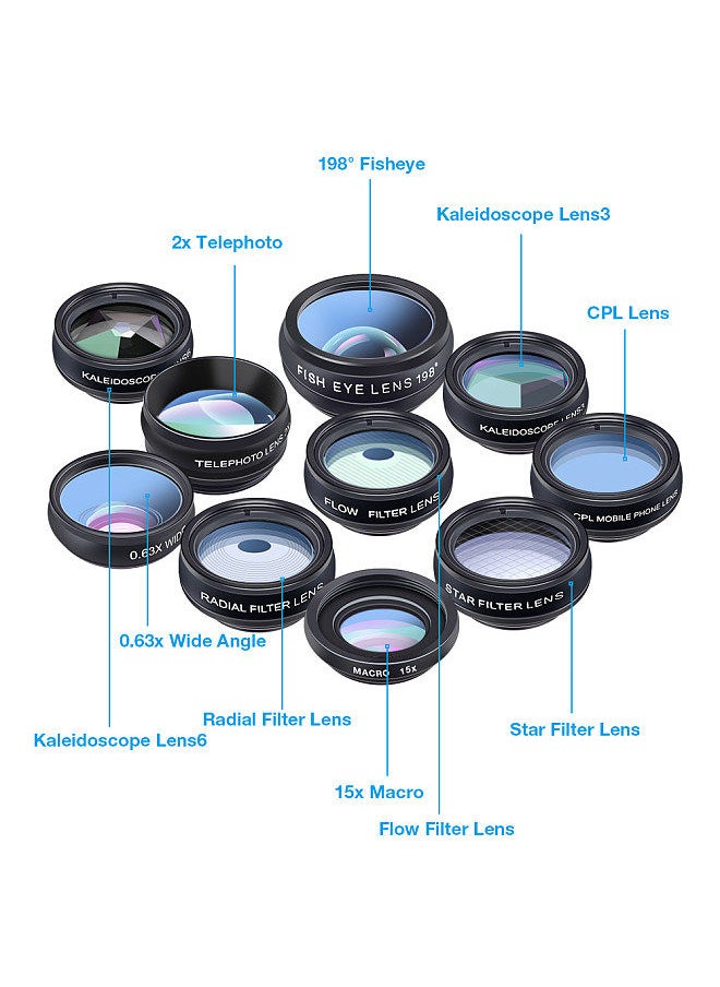 APEXEL - 10 in 1 Phone Camera Lens Kit with 0.63X Wide Angle + 15X Macro + 198°Fisheye + 2X Telephoto + CPL + Star Filter + Radial Filter + Flow Filter + Kaleidoscope 3 + Kaleidoscope 6 Compatible - Image 1