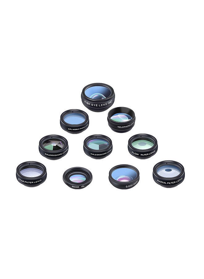 APEXEL - 10 in 1 Phone Camera Lens Kit with 0.63X Wide Angle + 15X Macro + 198°Fisheye + 2X Telephoto + CPL + Star Filter + Radial Filter + Flow Filter + Kaleidoscope 3 + Kaleidoscope 6 Compatible - Image 1
