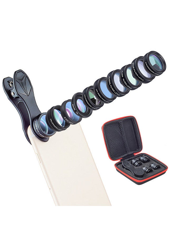 APEXEL - 10 in 1 Phone Camera Lens Kit with 0.63X Wide Angle + 15X Macro + 198°Fisheye + 2X Telephoto + CPL + Star Filter + Radial Filter + Flow Filter + Kaleidoscope 3 + Kaleidoscope 6 Compatible - Image 1