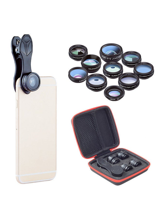 APEXEL - 10 in 1 Phone Camera Lens Kit with 0.63X Wide Angle + 15X Macro + 198°Fisheye + 2X Telephoto + CPL + Star Filter + Radial Filter + Flow Filter + Kaleidoscope 3 + Kaleidoscope 6 Compatible - Image 1