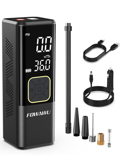 فاواو ضاغط هواء محمول 7800 مللي امبير في الساعة 150 باوند لكل انش مربع، منفاخ اطارات لاسلكي للسيارة والدراجة والدراجة، مضخة اطارات السيارة ببطارية قابلة لاعادة الشحن، شاشة عرض LED مزدوجة، ايقاف تلقائي