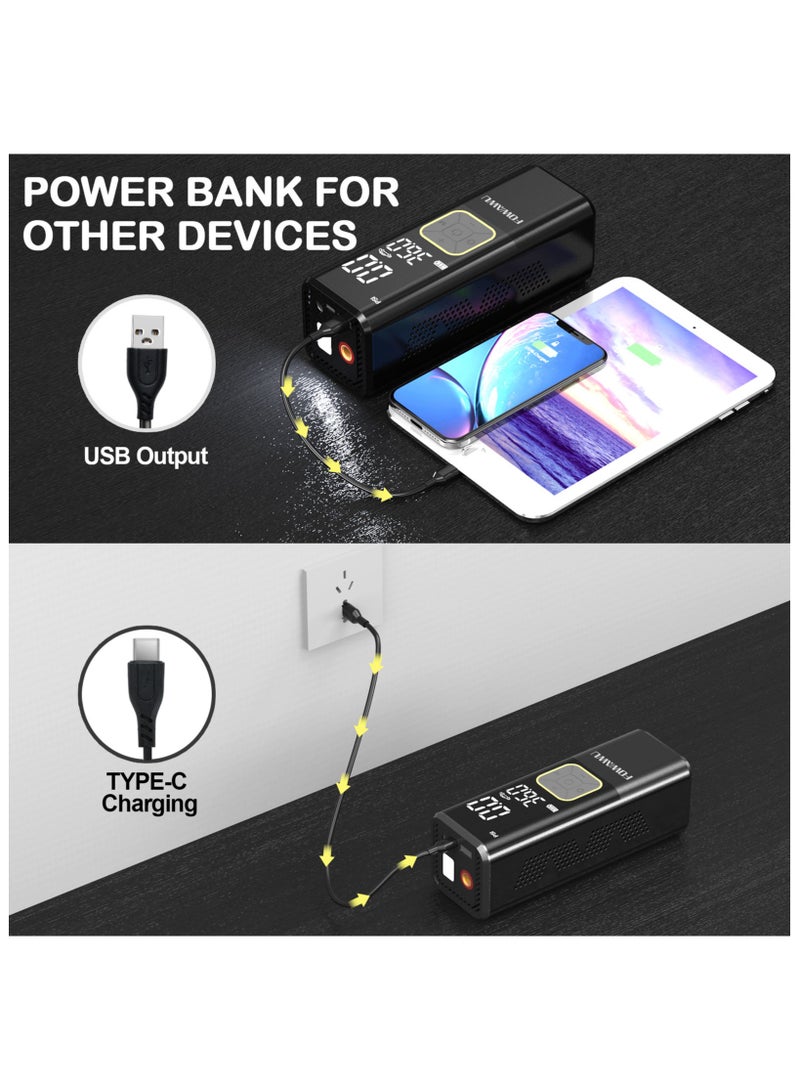 فاواو ضاغط هواء محمول 7800 مللي امبير في الساعة 150 باوند لكل انش مربع، منفاخ اطارات لاسلكي للسيارة والدراجة والدراجة، مضخة اطارات السيارة ببطارية قابلة لاعادة الشحن، شاشة عرض LED مزدوجة، ايقاف تلقائي