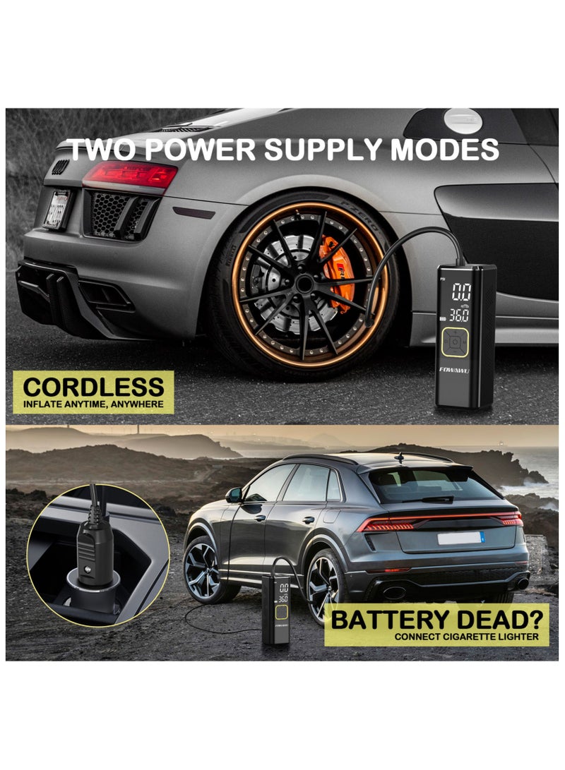 فاواو ضاغط هواء محمول 7800 مللي امبير في الساعة 150 باوند لكل انش مربع، منفاخ اطارات لاسلكي للسيارة والدراجة والدراجة، مضخة اطارات السيارة ببطارية قابلة لاعادة الشحن، شاشة عرض LED مزدوجة، ايقاف تلقائي